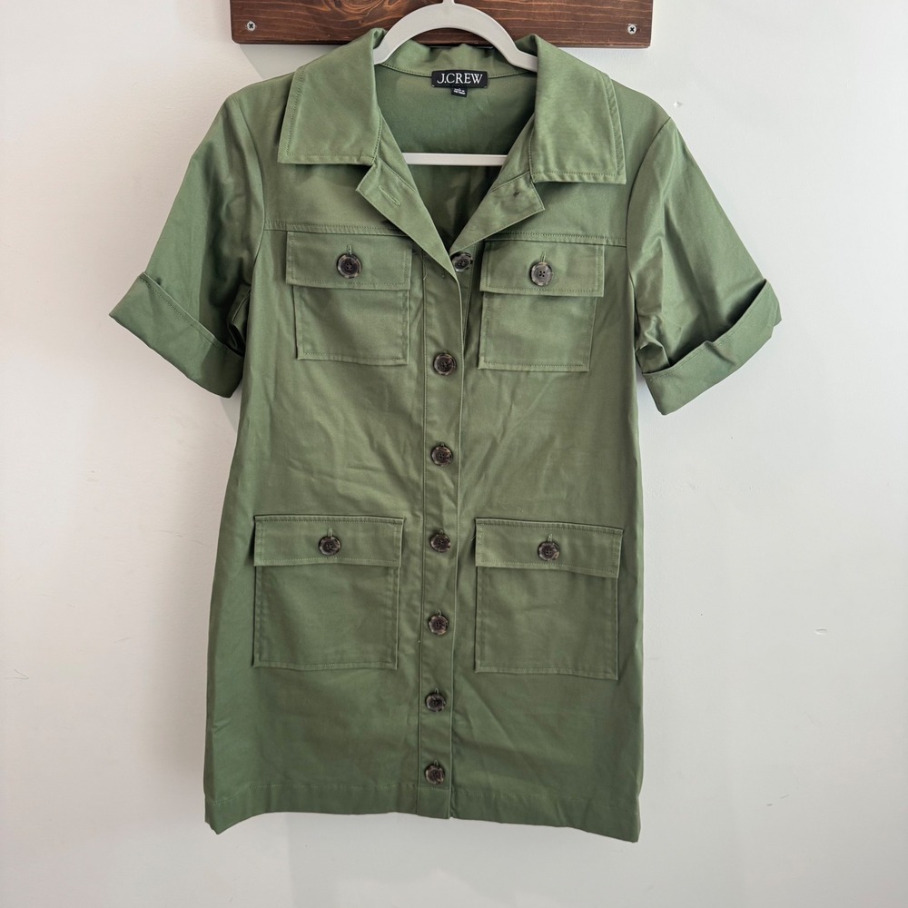 J.Crew‎ Women Olive Green Utility Safari Button Front Mini Dress Size 4 Cotton